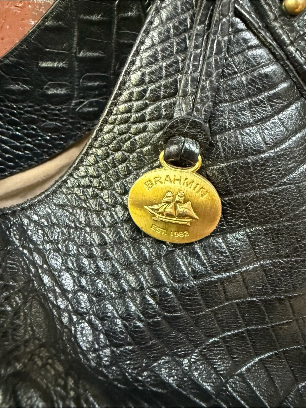 Brahmin Croc-Embossed Black Leather Hobo Bag with Gold Accent